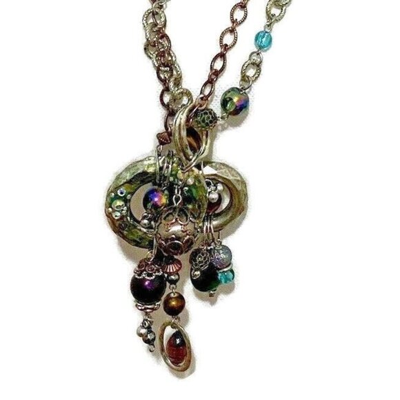 Double Chain Long Statement Necklace Copper Silver Tone - Picture 3 of 7